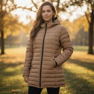 HFX Quilted Puffer Coat 2X Camel Lightweight 3/4 Length Plus Size Jacket